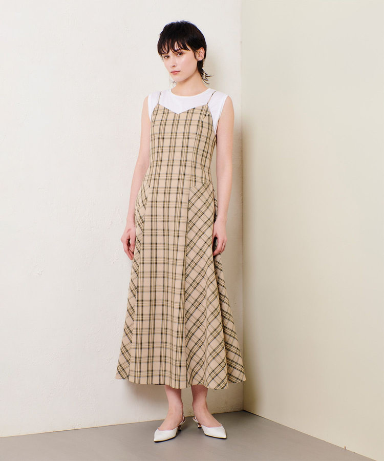 allureville チェックバックコンシャスキャミワンピース ベージュ (11)