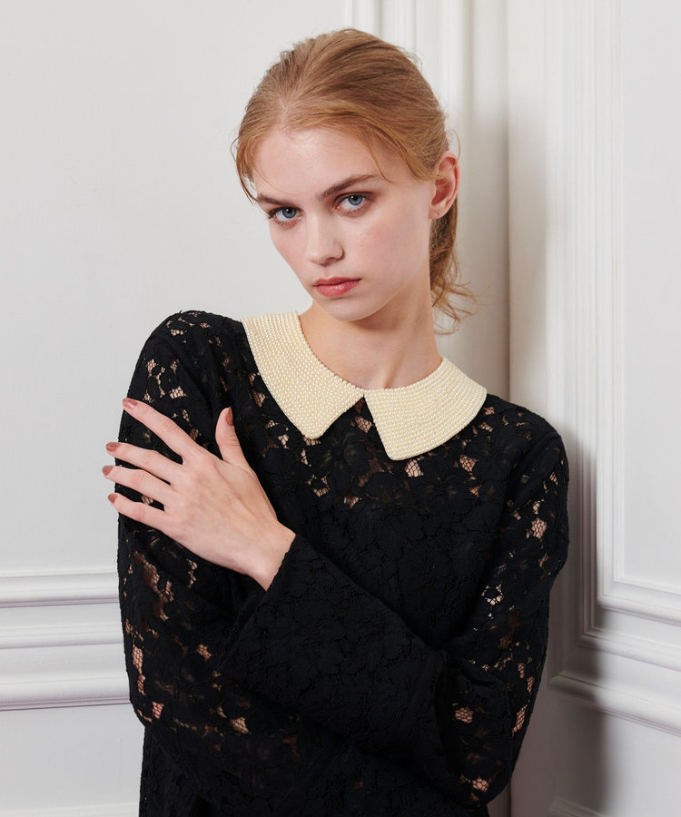 LOULOU WILLOUGHBY 【LOULOU WILLOUGHBY】パールネックレースワンピース ブラック (95)