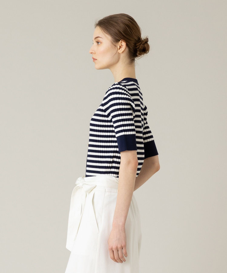 LOULOU WILLOUGHBY 【LOULOU WILLOUGHBY】バイカラーキーネック5分袖カーディガン ネイビー (67)