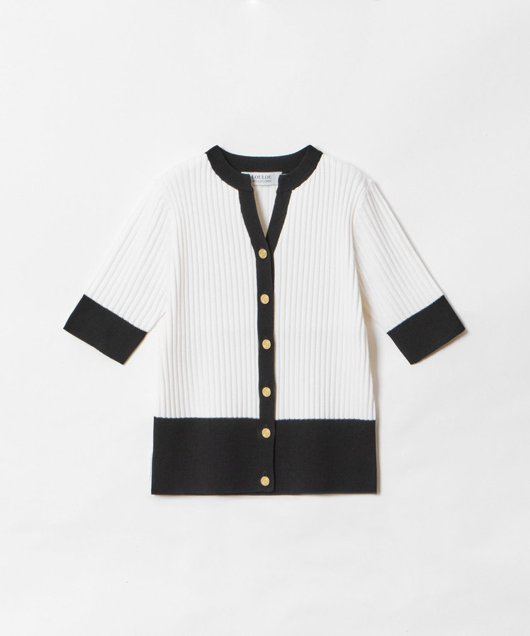 LOULOU WILLOUGHBY 【LOULOU WILLOUGHBY】バイカラーキーネック5分袖カーディガン ホワイト系 (08)