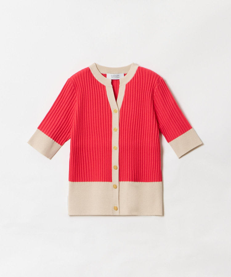 LOULOU WILLOUGHBY 【LOULOU WILLOUGHBY】バイカラーキーネック5分袖カーディガン レッド系 (46)
