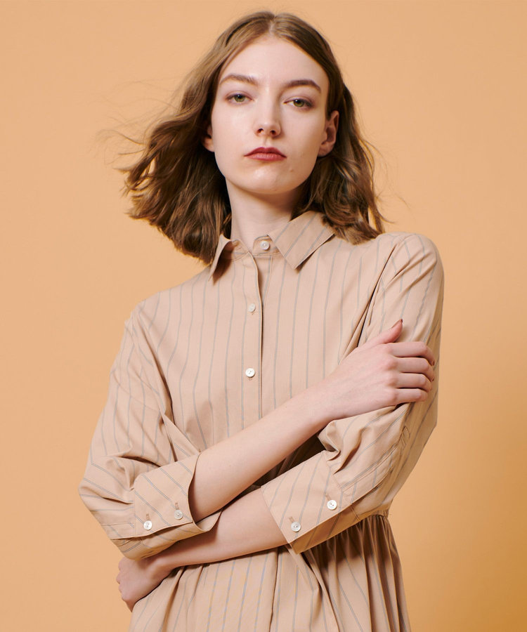 allureville ピンストライプノットシャツワンピース ベージュ (11)