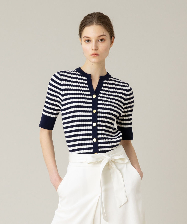 LOULOU WILLOUGHBY 【LOULOU WILLOUGHBY】バイカラーキーネック5分袖カーディガン ネイビー (67)