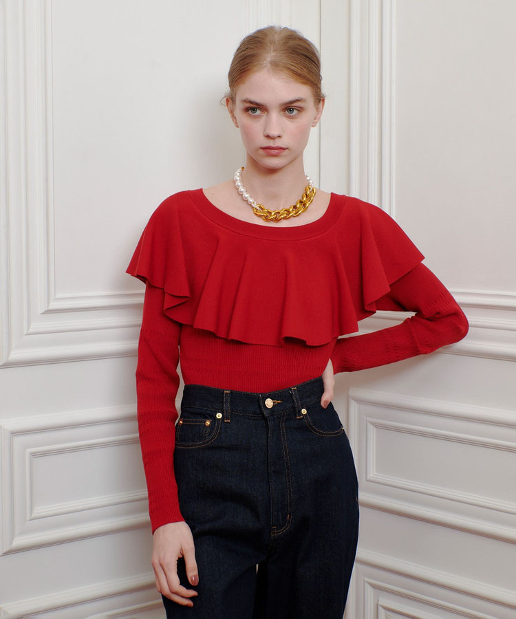 LOULOU WILLOUGHBY 【LOULOU WILLOUGHBY】ラッフルオフショルプルオーバー レッド (43)