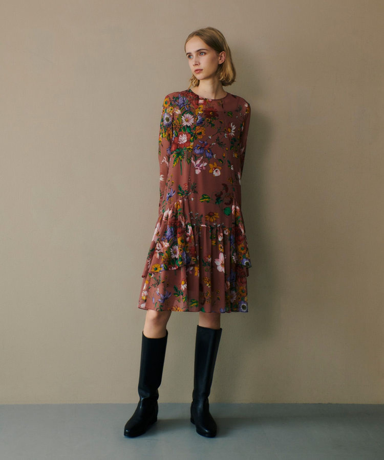 LOULOU WILLOUGHBY 【LOULOU WILLOUGHBY】RATTIシフォンフラワープリントワンピース ブラウン系 (88)