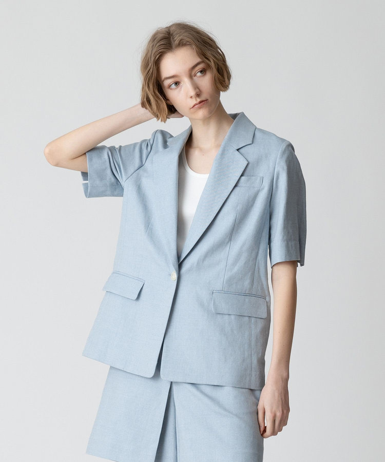 allureville 【セットアップ対応可能】リネンコンシャークスキンハーフスリーブジャケット サックス (63)