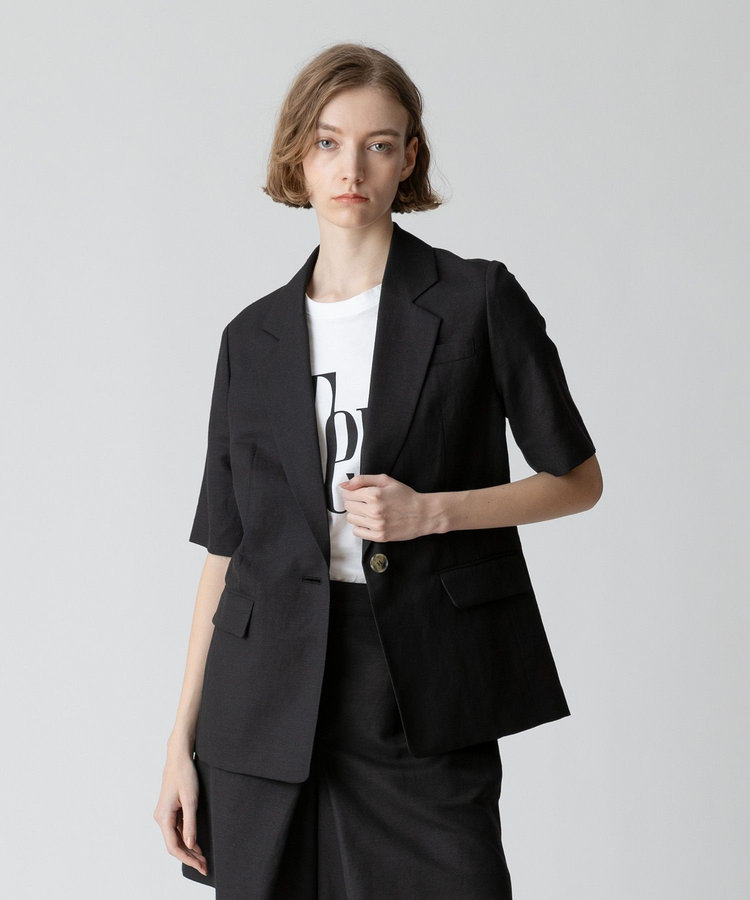 allureville 【セットアップ対応可能】リネンコンシャークスキンハーフスリーブジャケット ブラック (95)