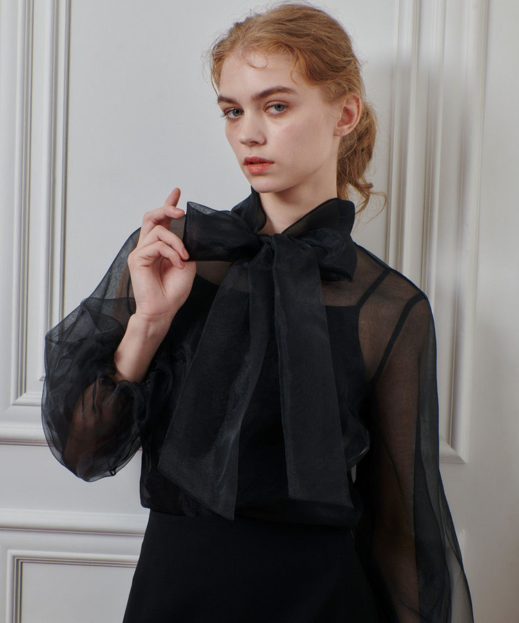 【新品タグ付き✨】シルクオーガンザBIGリボンブラウス　ルルウィルビー ✨ルルウィルビー 2023シルクオーガンザBIGリボンブラウス 白