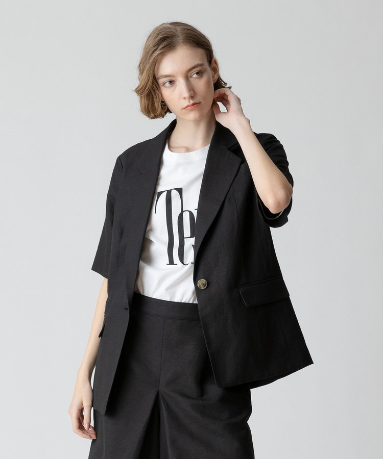 allureville 【セットアップ対応可能】リネンコンシャークスキンハーフスリーブジャケット ブラック (95)