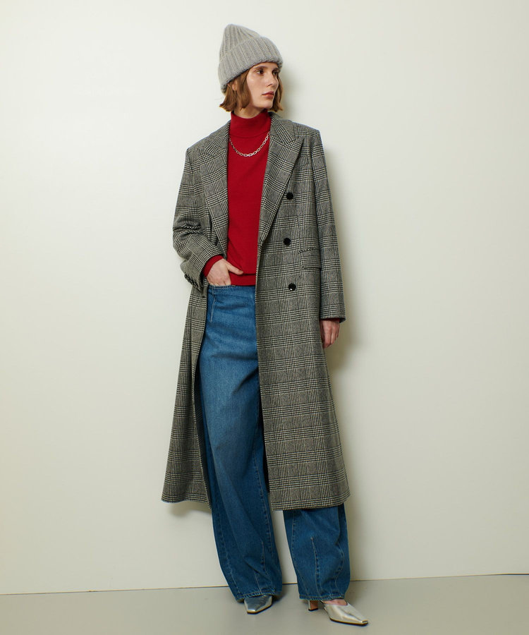 allureville グレンチェックロングチェスターコート ブラック系 (98)