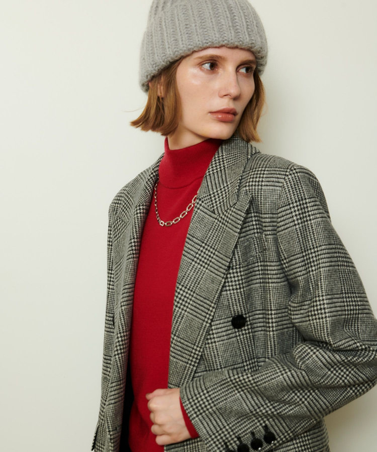 allureville グレンチェックロングチェスターコート ブラック系 (98)